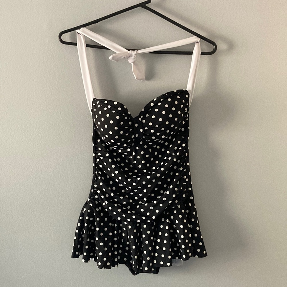 Chaps Black and White Polka Dot One Piece Swimsuit